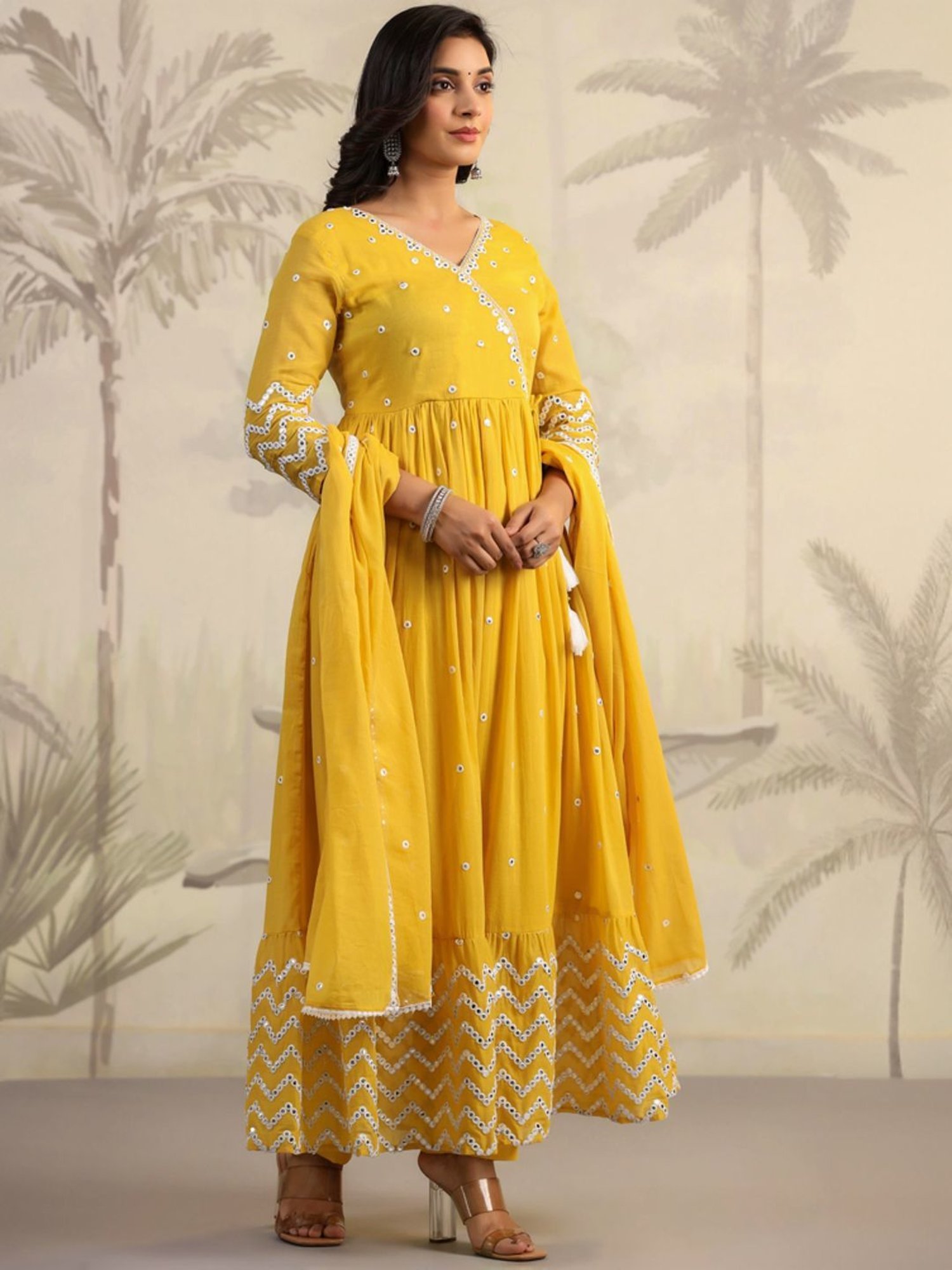 SCAKHI Yellow Cotton Embroidered Kurta Pant Set With Dupatta