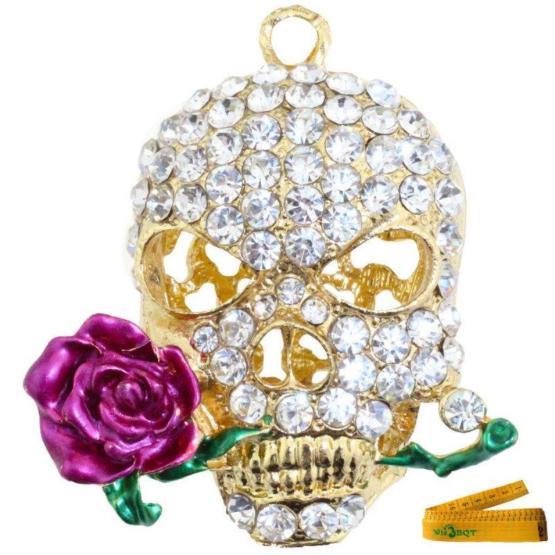 Cool 3D Skull with Dark Red or Purple Rose Flower Crystal Rhinestone Alley Metal Bling Bling Key Chain Ring Keychain Cell Phone Car Bag Purse Charm Decor Pendant Decoration Ornament