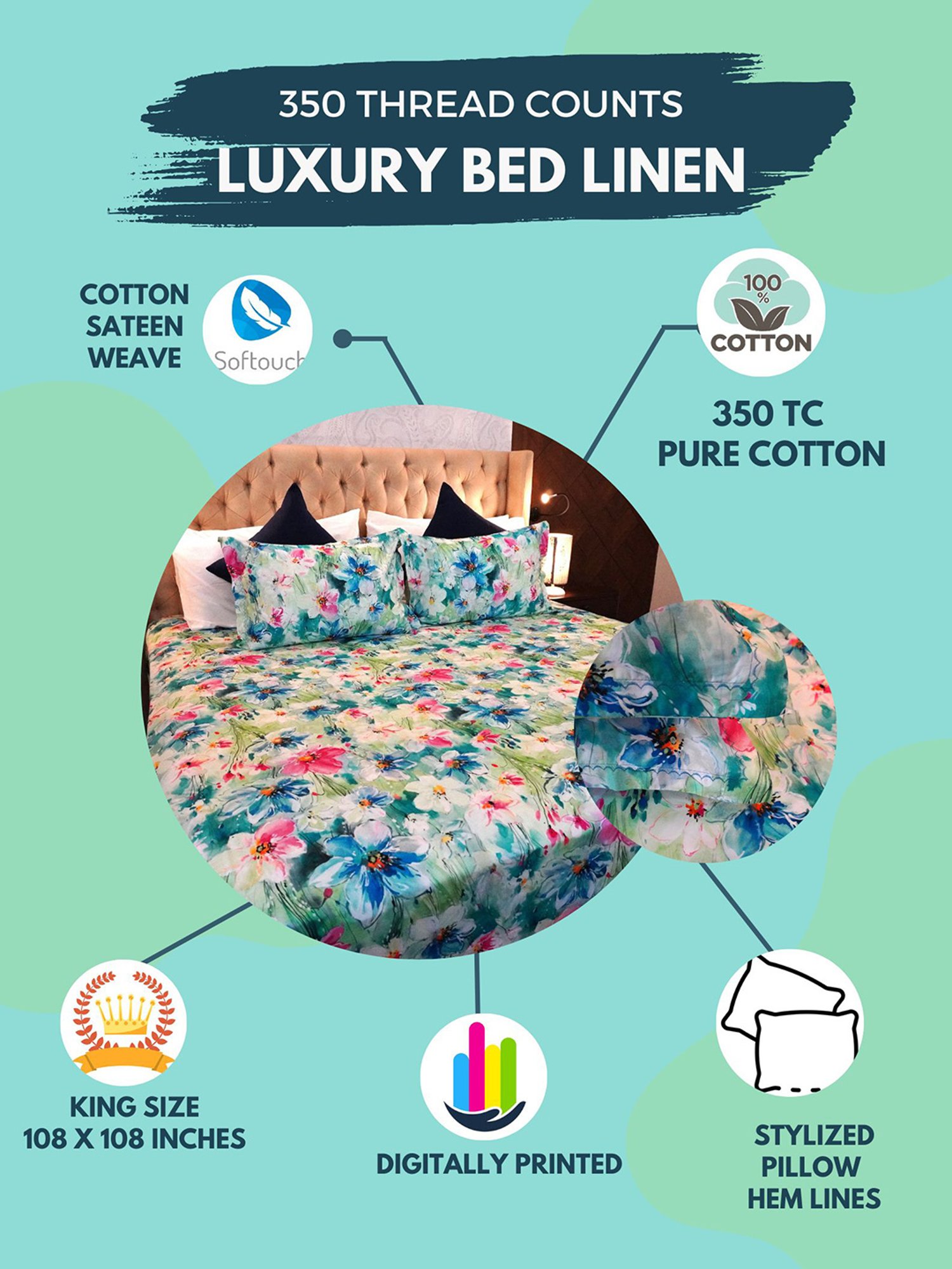 TARA Sparkling Homes Champ de Fluers Multicolor Cotton 350 TC King Bedsheet with 2 Pillow Covers