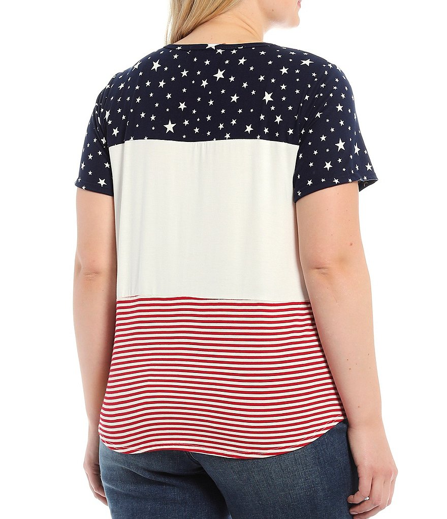 Moa Moa Plus Size Americana Colorblock Tie-Front Pocket Crew Neck Short Sleeve Tee