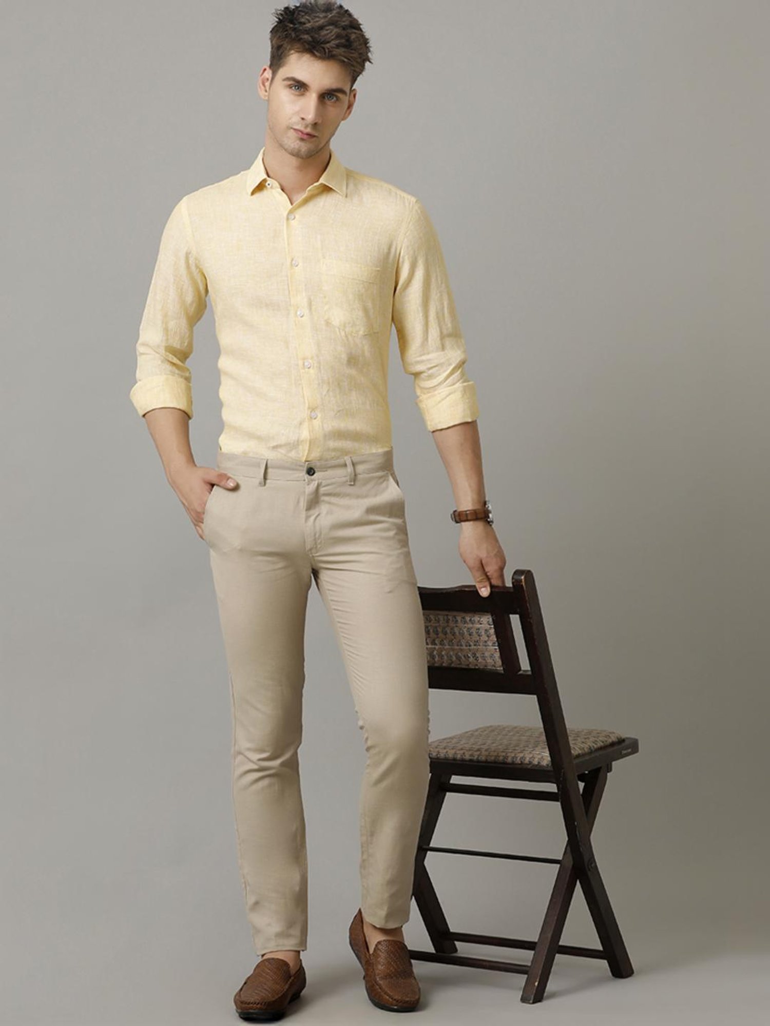 Linen Club Yellow Linen Contemporary Fit Shirt