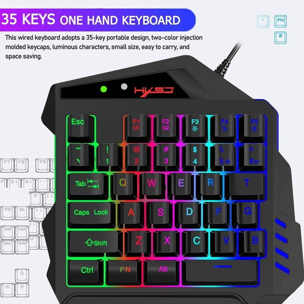 One Hand Gaming Keyboard and Lightweight Honeycomb Mouse Combo Portable with 35 Keys Rainbow RGB Backlight Ergonomic Wrist Rest Mouse-pad Adjustable Mice DPI USB Wired Only for PS4 X-Box Game Console