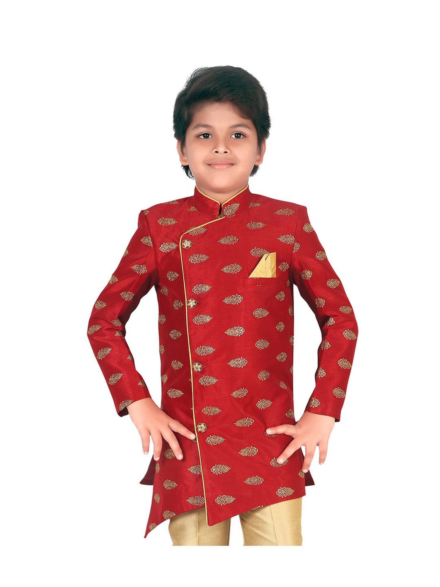 Ahhaaaa Kids Maroon & Gold Embroidered Kurta with Pajamas