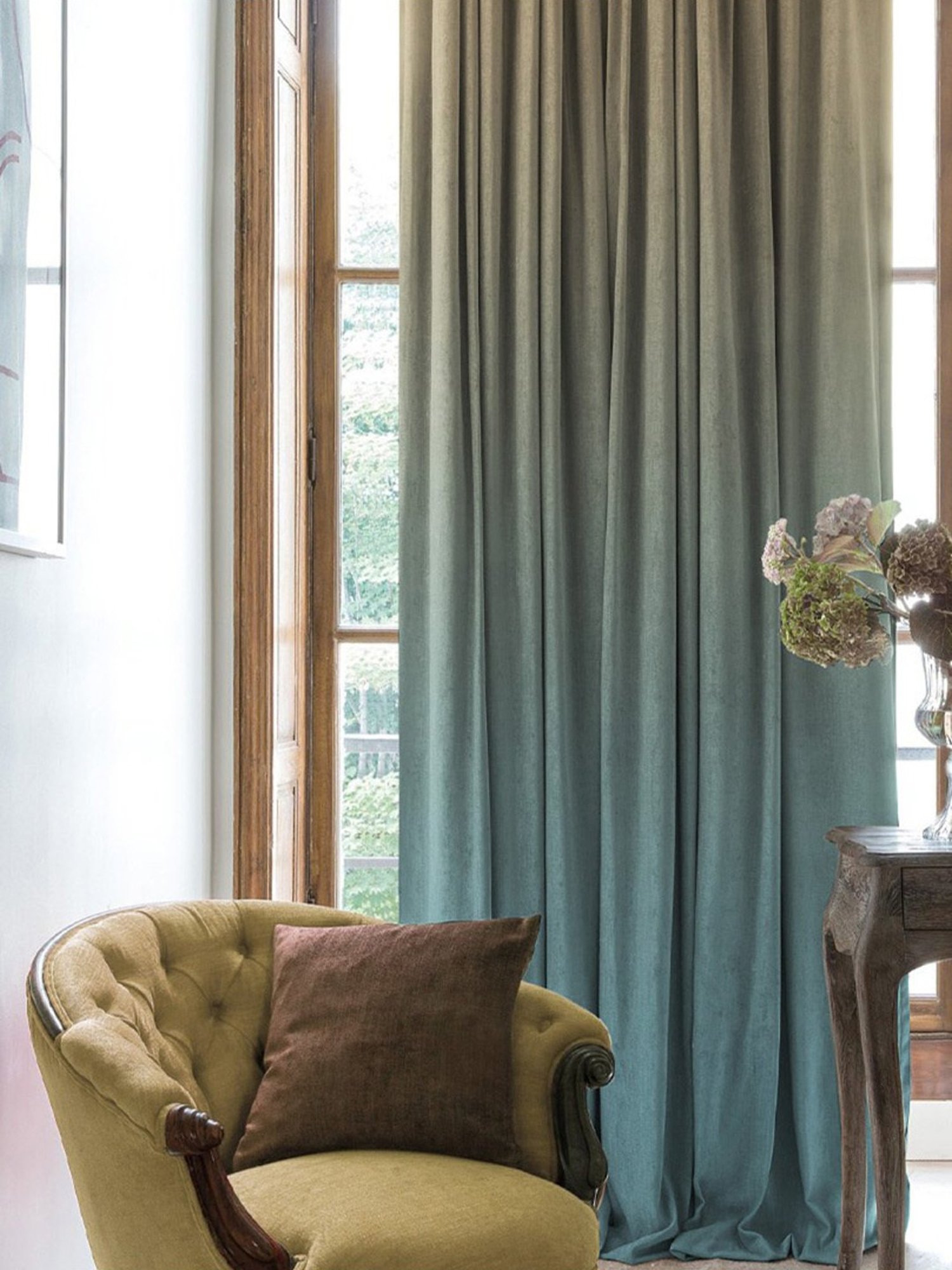 SPACES DRAPE STORY Elegant Printed Teal & Beige Polyester 7 ft Door Curtains - Set of 4