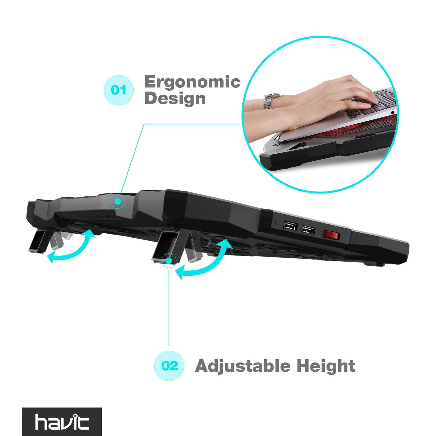 HAVIT 5 Fans Laptop Cooling Pad for 14-17 Inch Laptop, Cooler Pad with LED Light, Dual USB 2.0 Ports, Adjustable Mount Stand (Black)