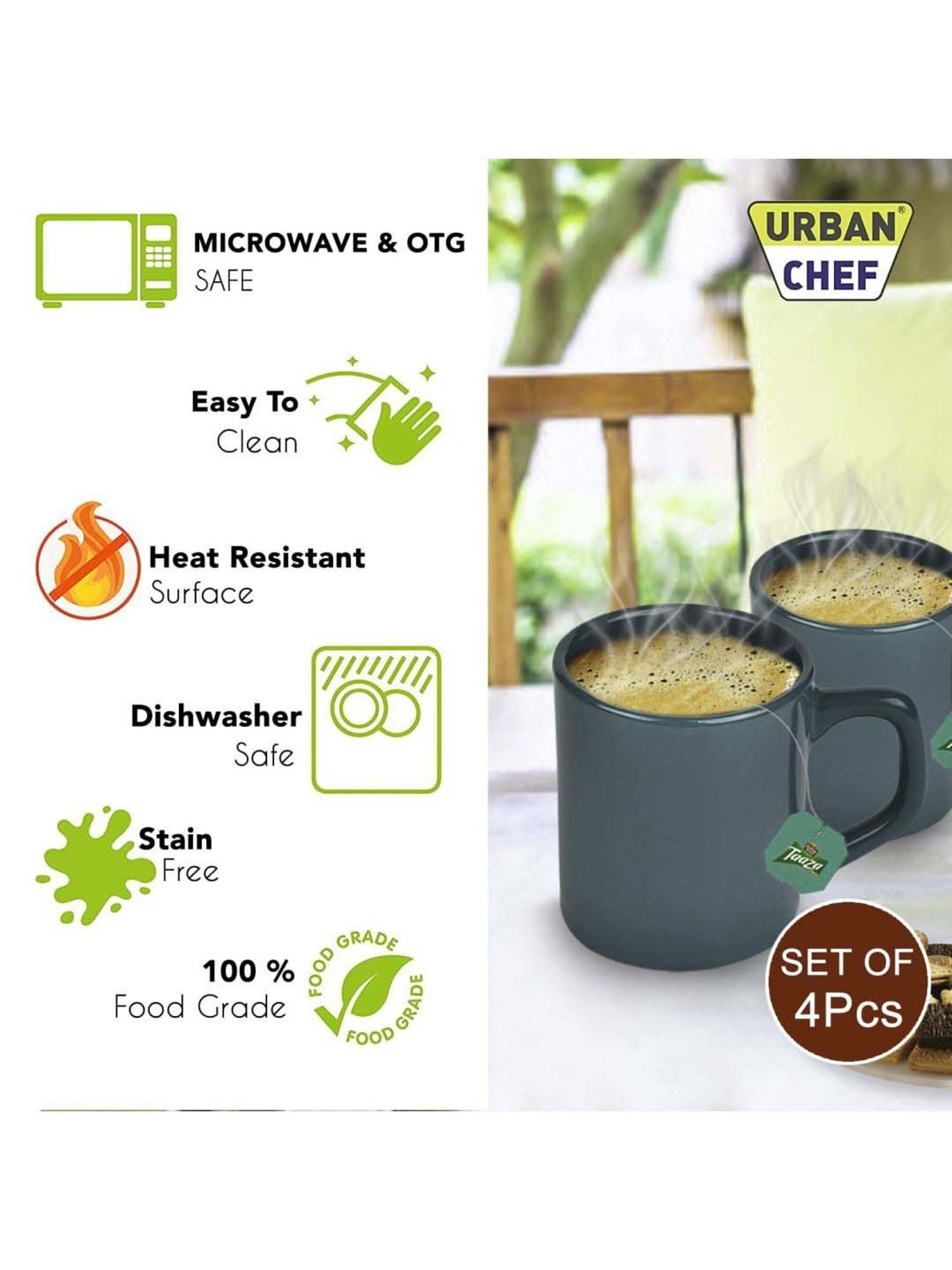 Urban Chef Dark Green Ceramic Droite Handcrafted Microwave Safe Cup - Set of 4