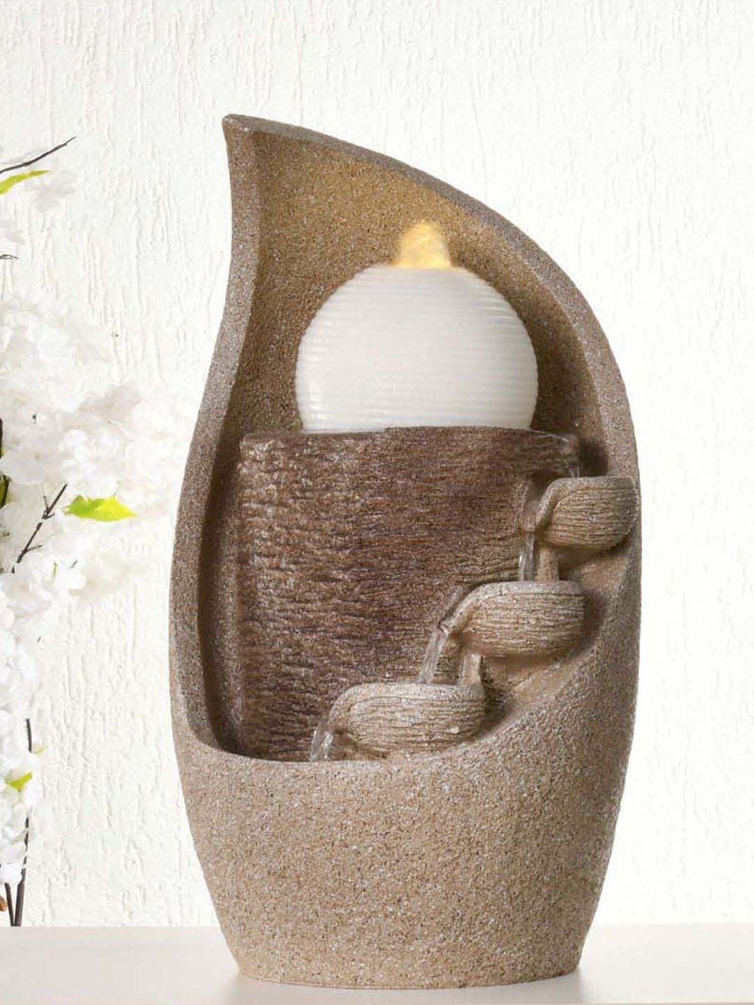 @home Beige Resin Trio Diyas Decorative Water Fountain With Led Light