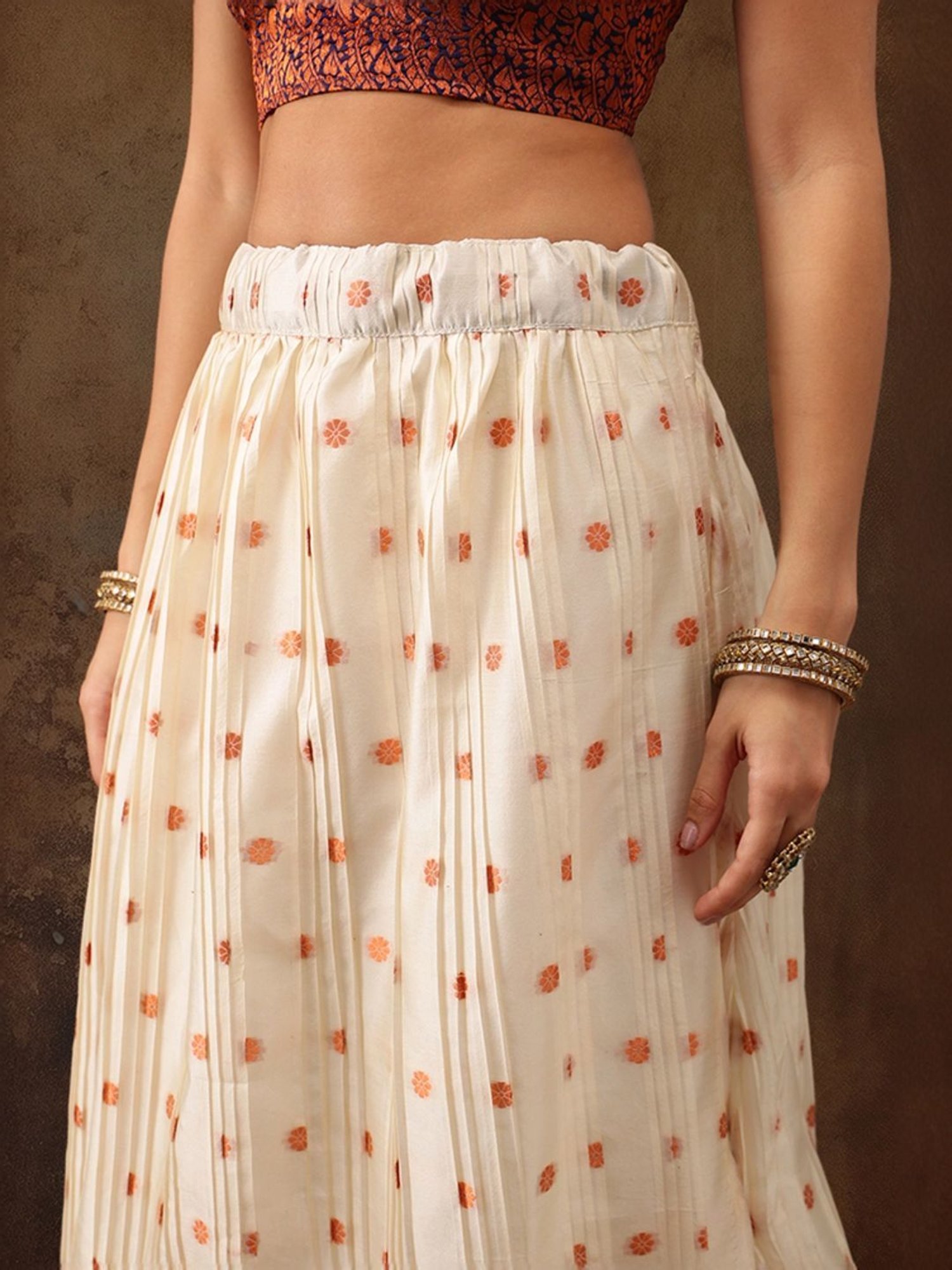 Silk Land Beige & Navy Woven Pattern Semi Stitched Lehenga Choli Set With Duppata