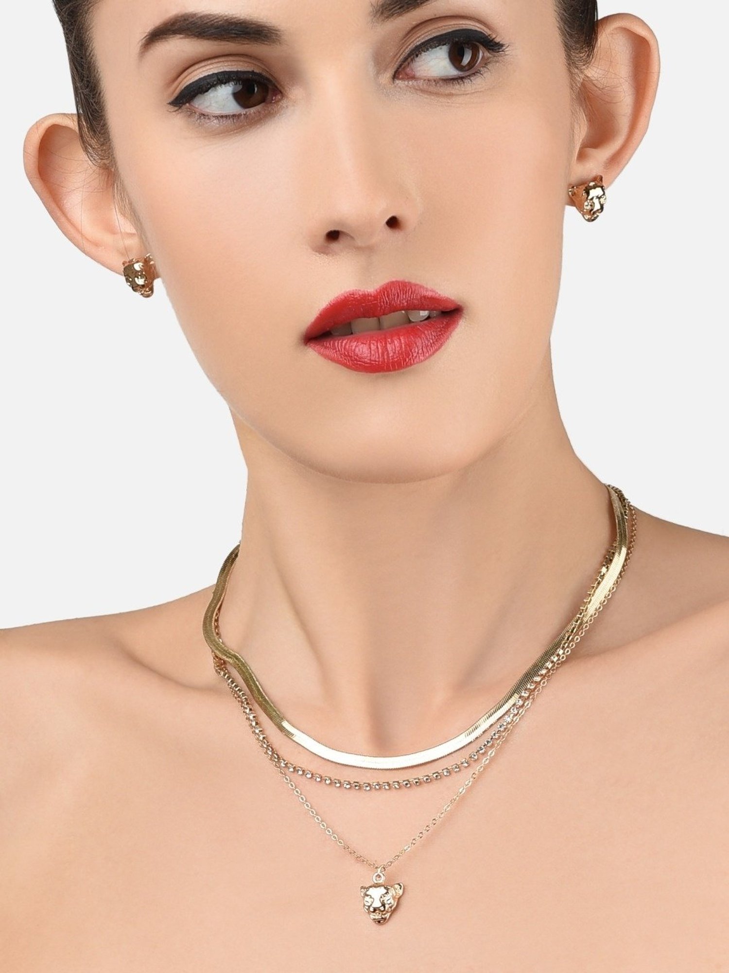 Zaveri Pearls Gold Tone Classy Multi Layered Leopard Drop Necklace Chain & Earring Set-ZPFK11618