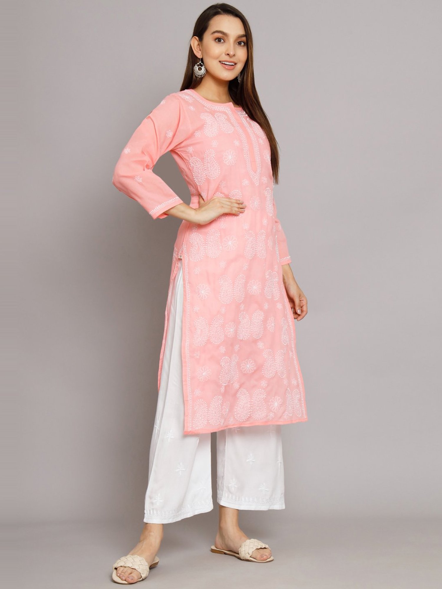PARAMOUNT CHIKAN Pastel Pink Cotton Chikankari Straight Kurta