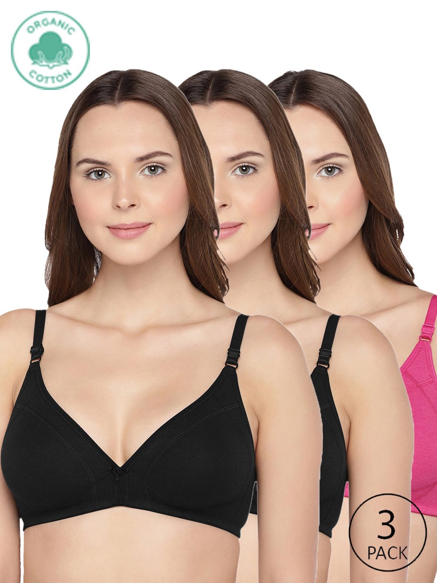 Inner Sense Fuchsia & Black Half Coverage T-Shirt Bra - Pack of 3