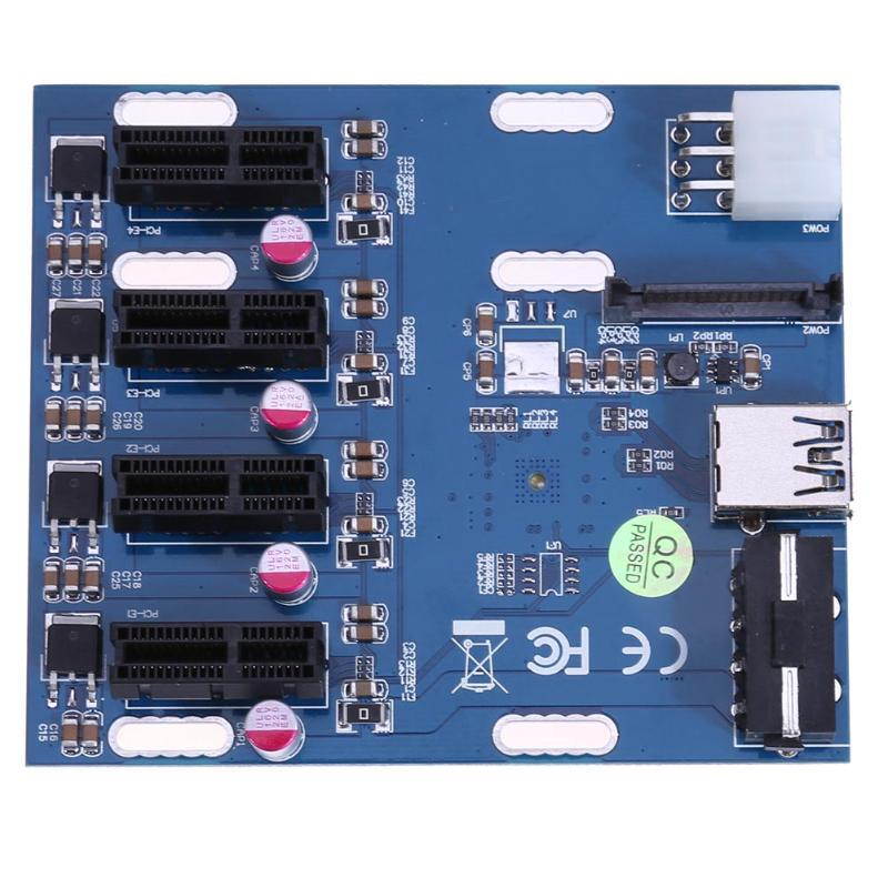 Mini ITX to External 4 PCI-E Slot Adapter Multiplier Card with 6Pin Power + SATA Port pcie 1 to 4 mining card for Bitcoin miner