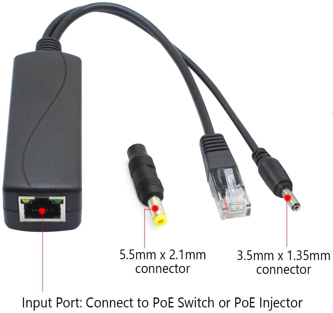 2-Pack 5V Gigabit PoE Splitter 48V to 5V 2.4A Adapter Plug 3.5mm x 1.35mm 5.5mm x 2.1mm Connector IEEE 802.3af Compliant for IP Camera and More