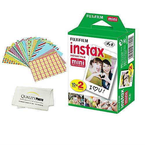 INSTAX Mini Instant Film 2 Pack 20 Sheets White for Instax Mini 8 Mini 9 Cameras + Frame Stickers and Microfiber Cloth Accessories
