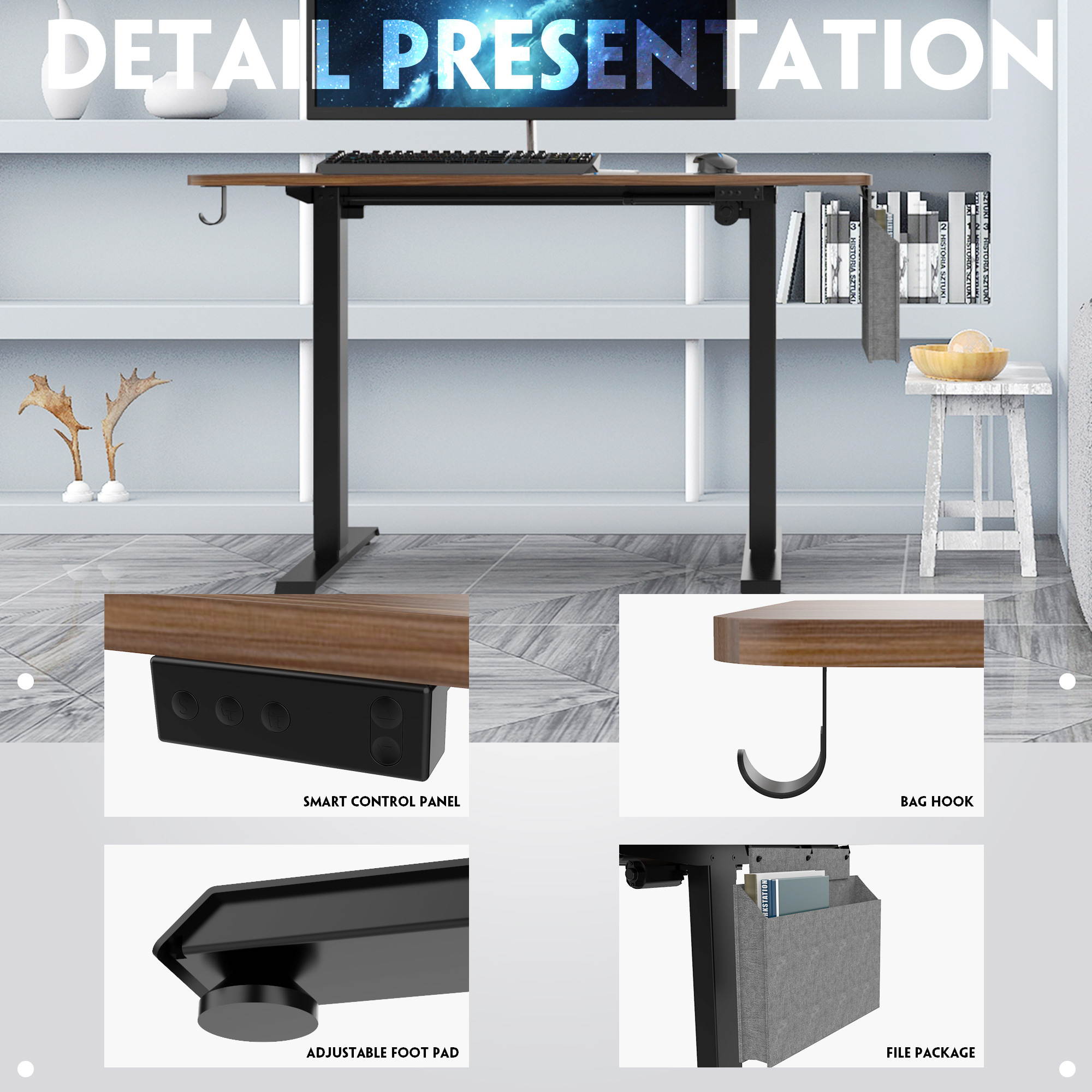 48" Height Adjustable Electric Gaming Desk Home Office Table with Headset Hook and Storage Bag