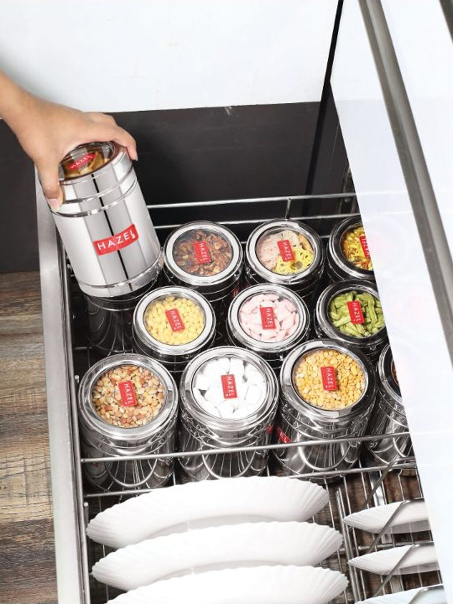 HAZEL Silver Stainless Steel Container with Transparent Lid (1L)