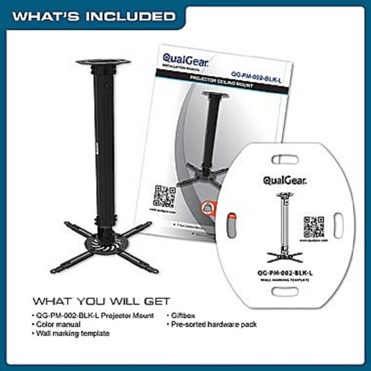 QualGear&reg; QG-PM-002-BLK-L Universal Projector Ceiling Mount, Long, Black