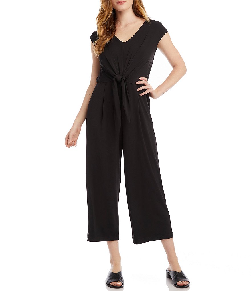 Karen Kane Petite Size Knit V-Neck Tie-Front Waist Detail Cap Sleeve Jumpsuit