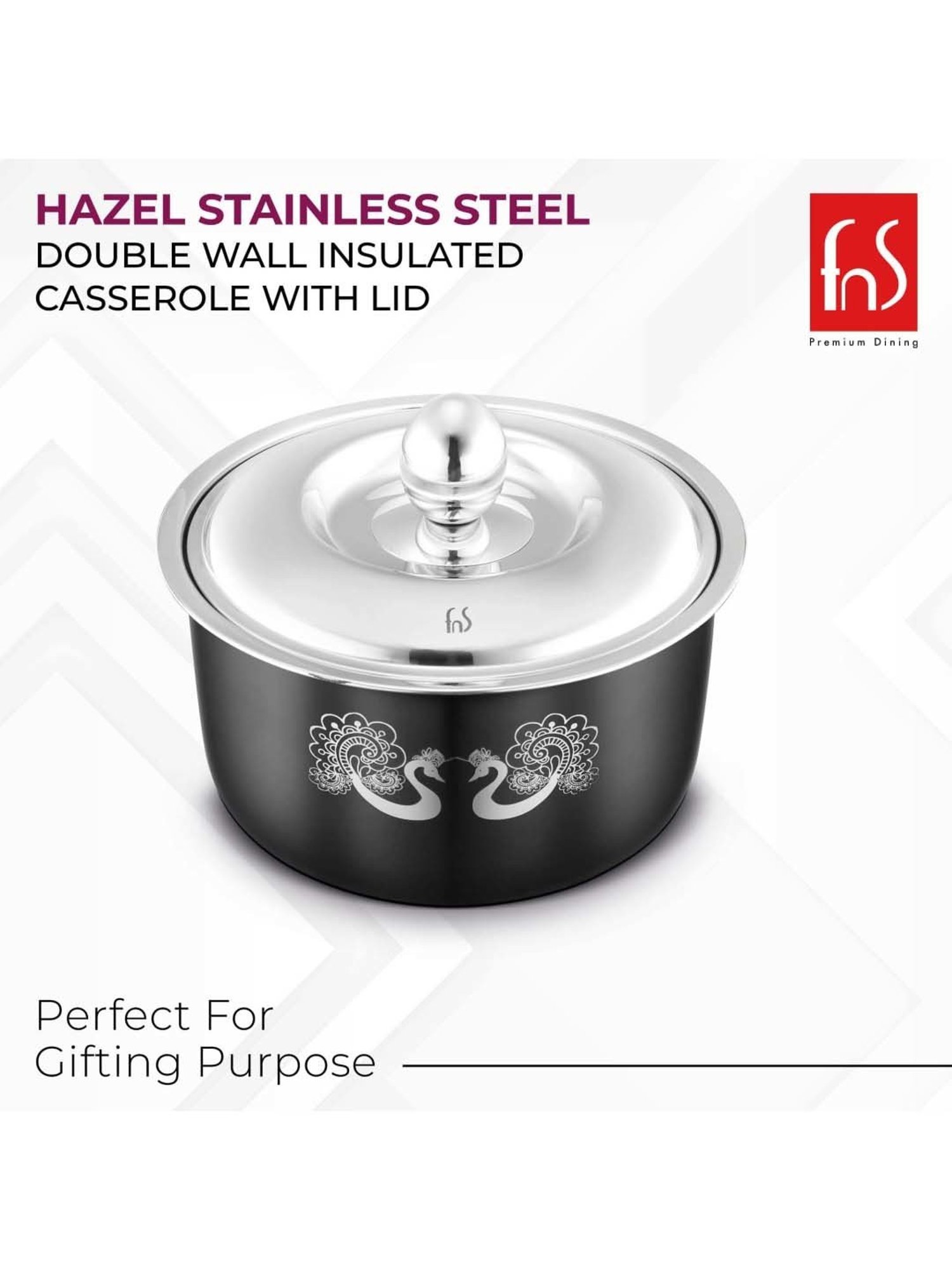 FnS Elantra Silver Stainless Steel Casserole With Lid (0.9 L)
