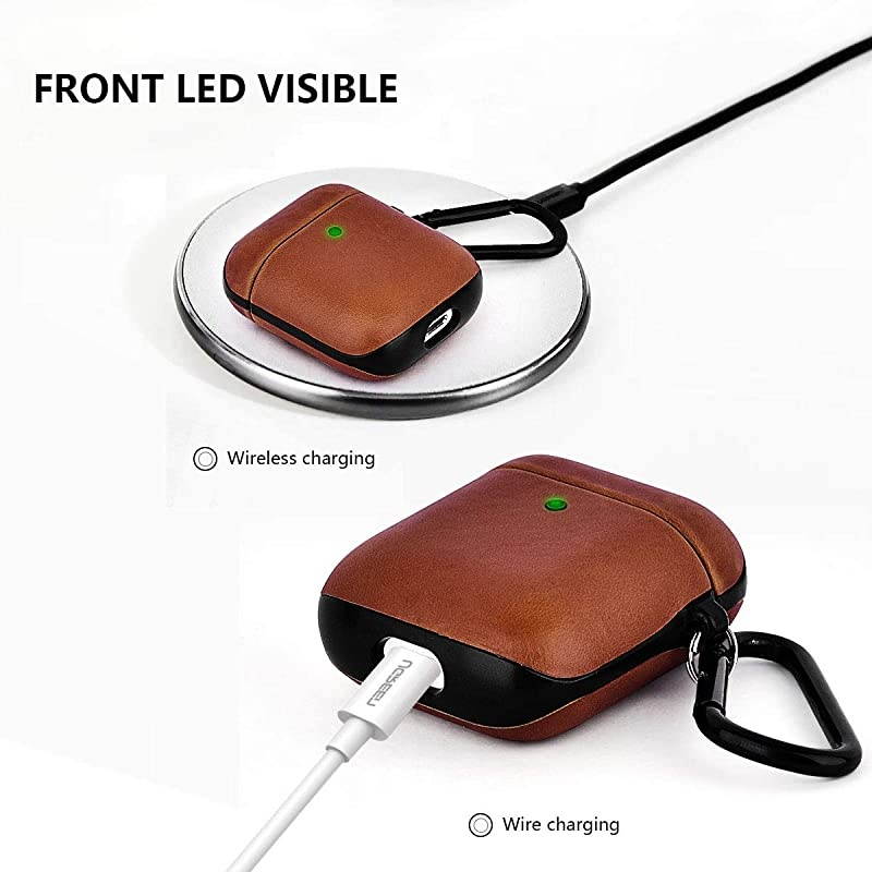 Compatible with Airpods Case, Genuine Leather Airpod Case for Airpods 2 and Airpod 1 [Front LED Visible] Protective Cover Skin Brown