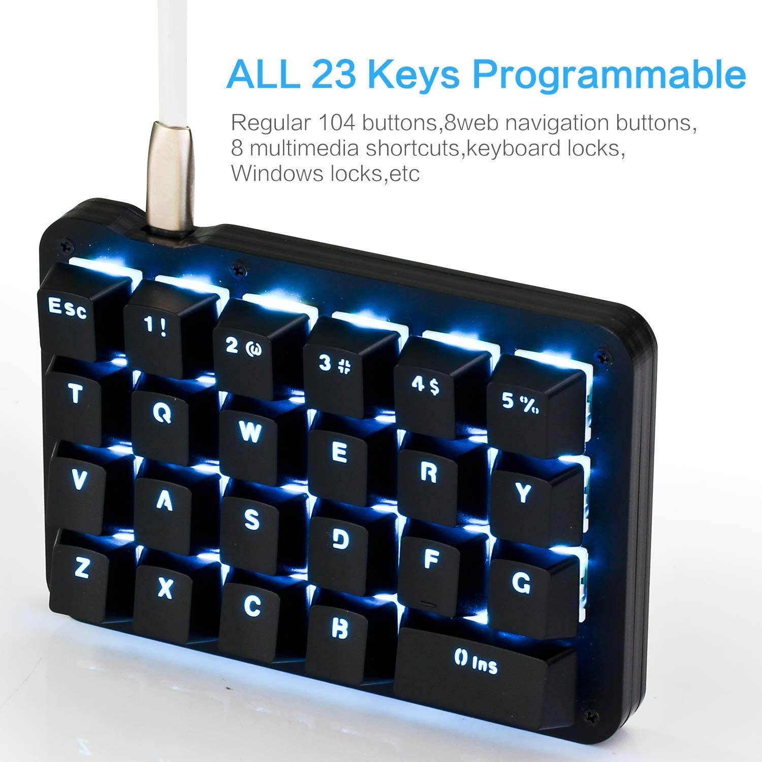 Koolertron One Handed Macro Mechanical Keyboard, Blue LED Backlit Portable Mini One-Handed Mechanical Gaming Keypad 23 Fully Programmable Keys Red Switches (Blue Backlit/Red switches)