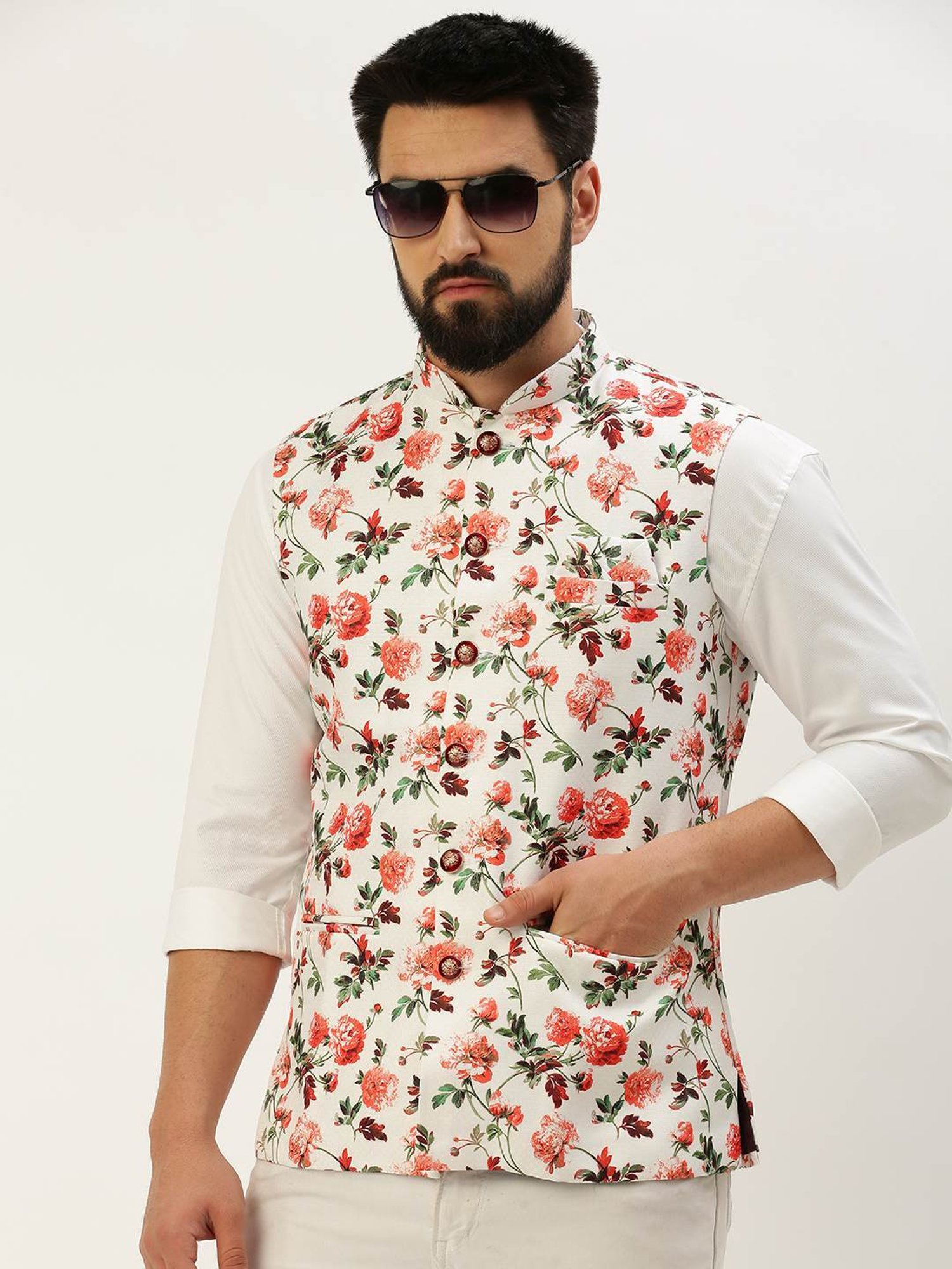SHOWOFF White Cotton Slim Fit Printed Nehru Jacket
