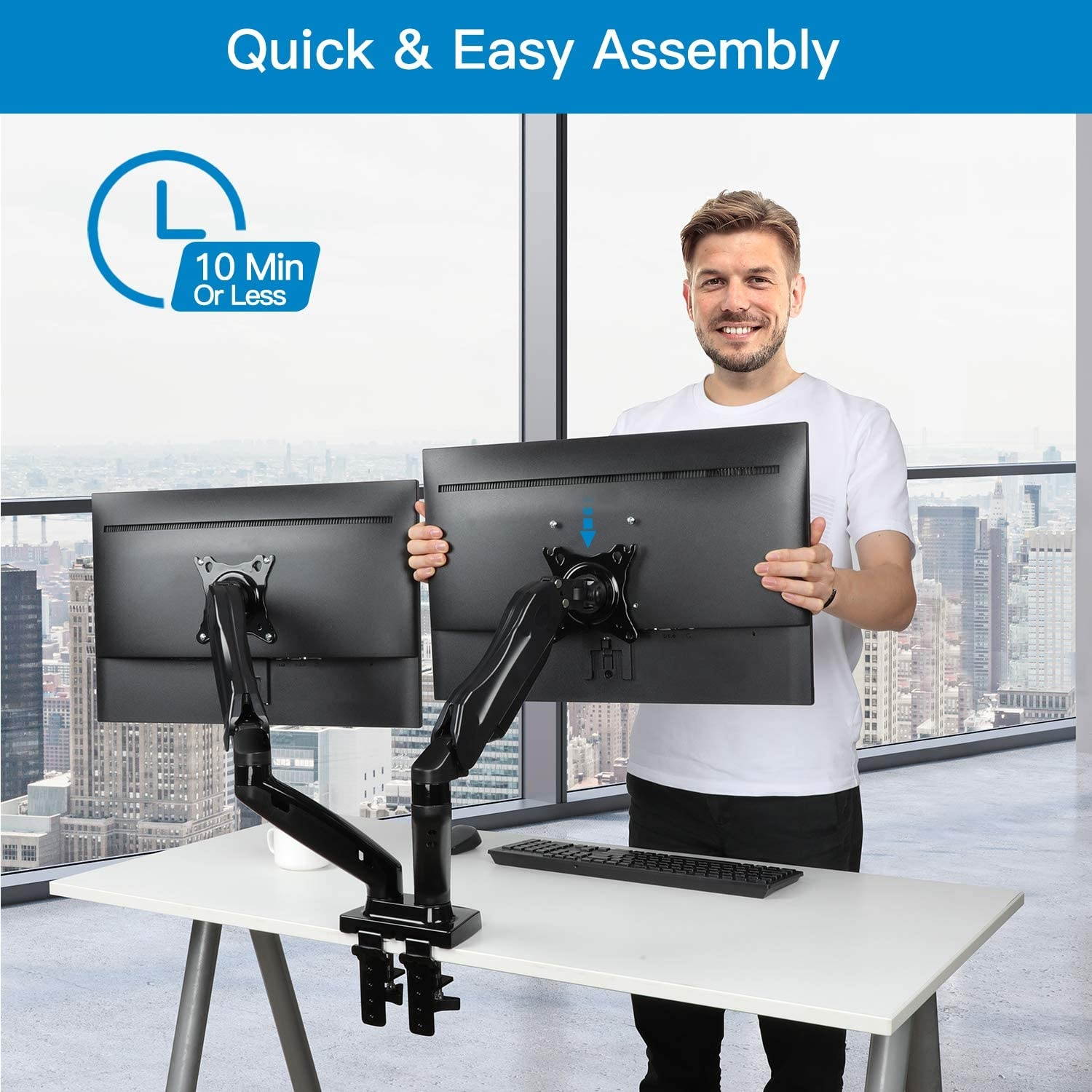 Dual Monitor Stand - Adjustable Gas Spring Monitor Desk Mount Swivel VESA Bracket with C Clamp, Grommet Mounting Base for 17 to 27 Inch Computer Screens - Each Arm Holds 4.4 to 14.3lbs