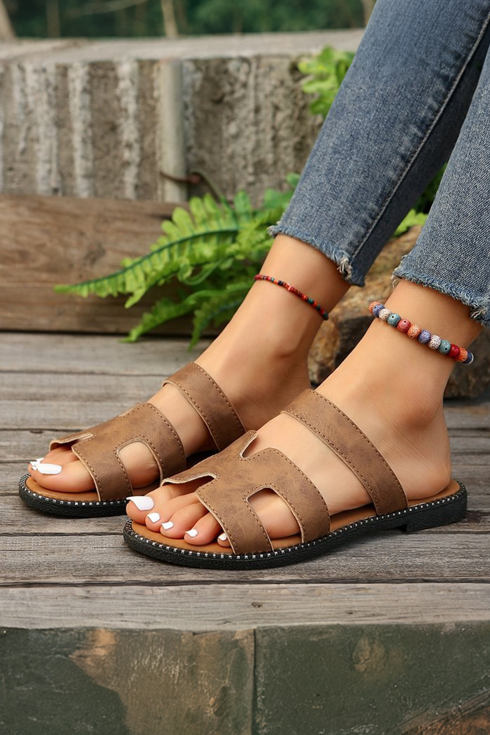 Brown Leather H Band Flat Slides S​hoes