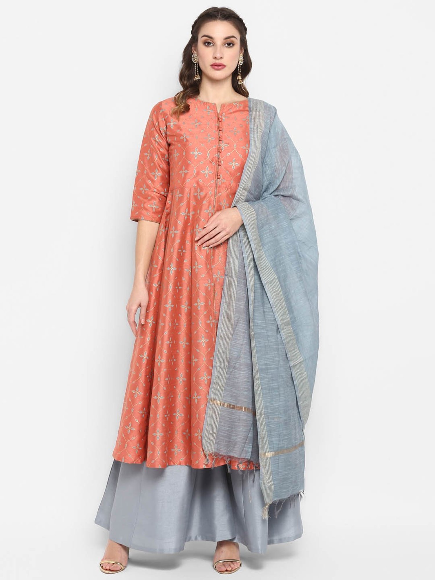 Janasya Peach & Grey Printed Kurta With Palazzo & Dupatta