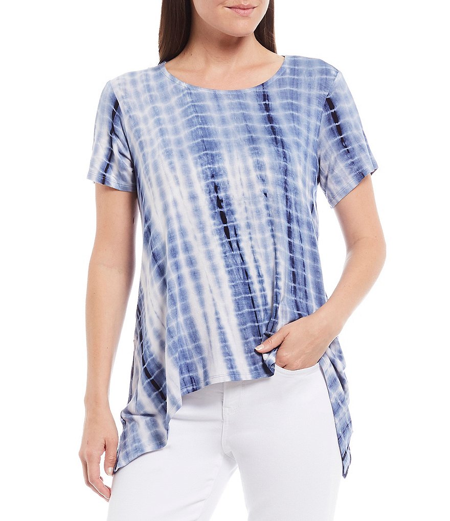 Tru Luxe Jeans Mixed Media Short Sleeve RoundNeck Tie Dye Tunic