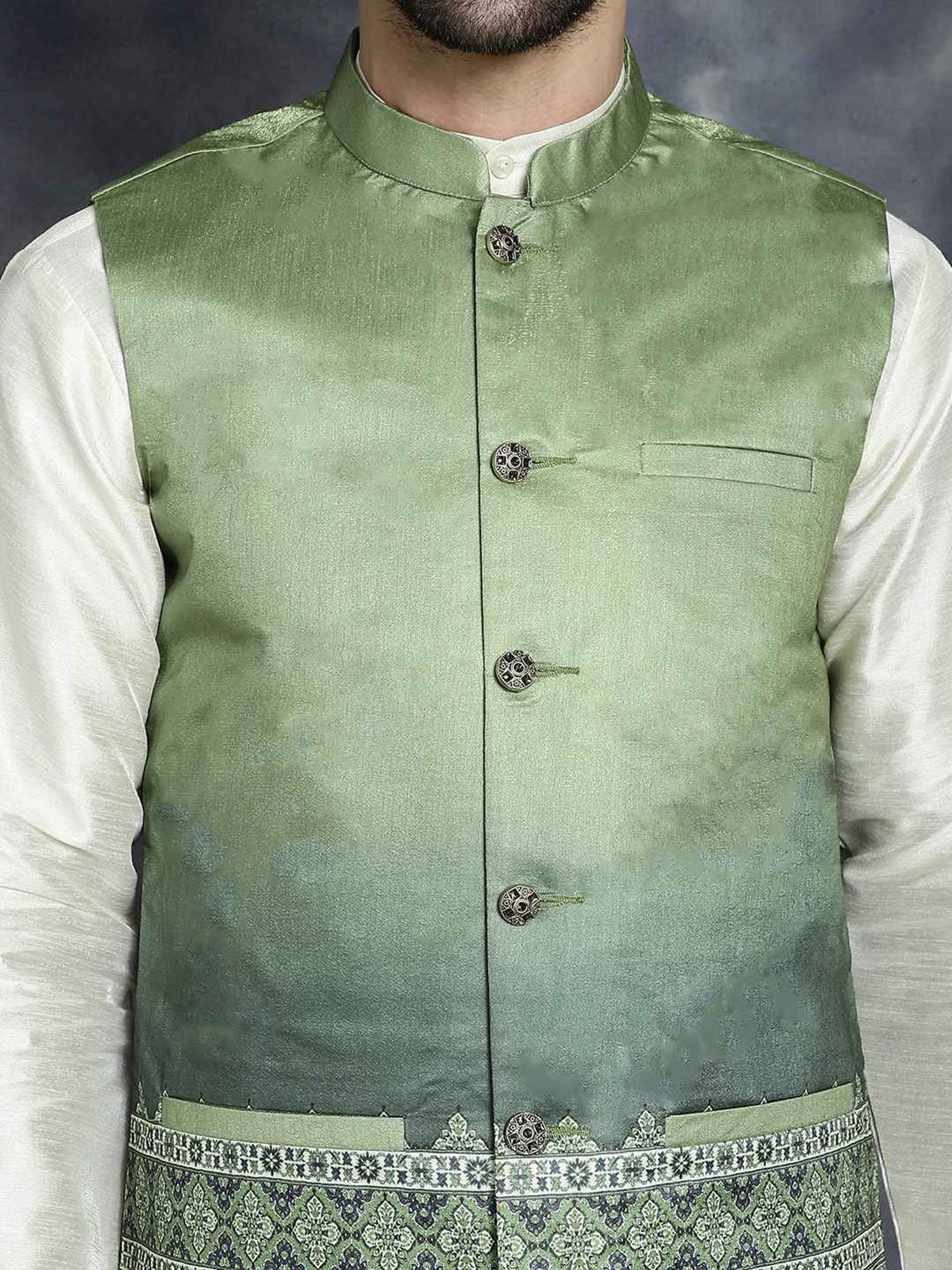 Jompers Green Regular Fit Printed Nehru Jacket
