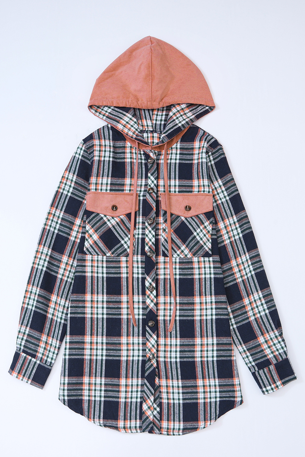 Pink Plaid Contrast Hooded Drawstring Shacket