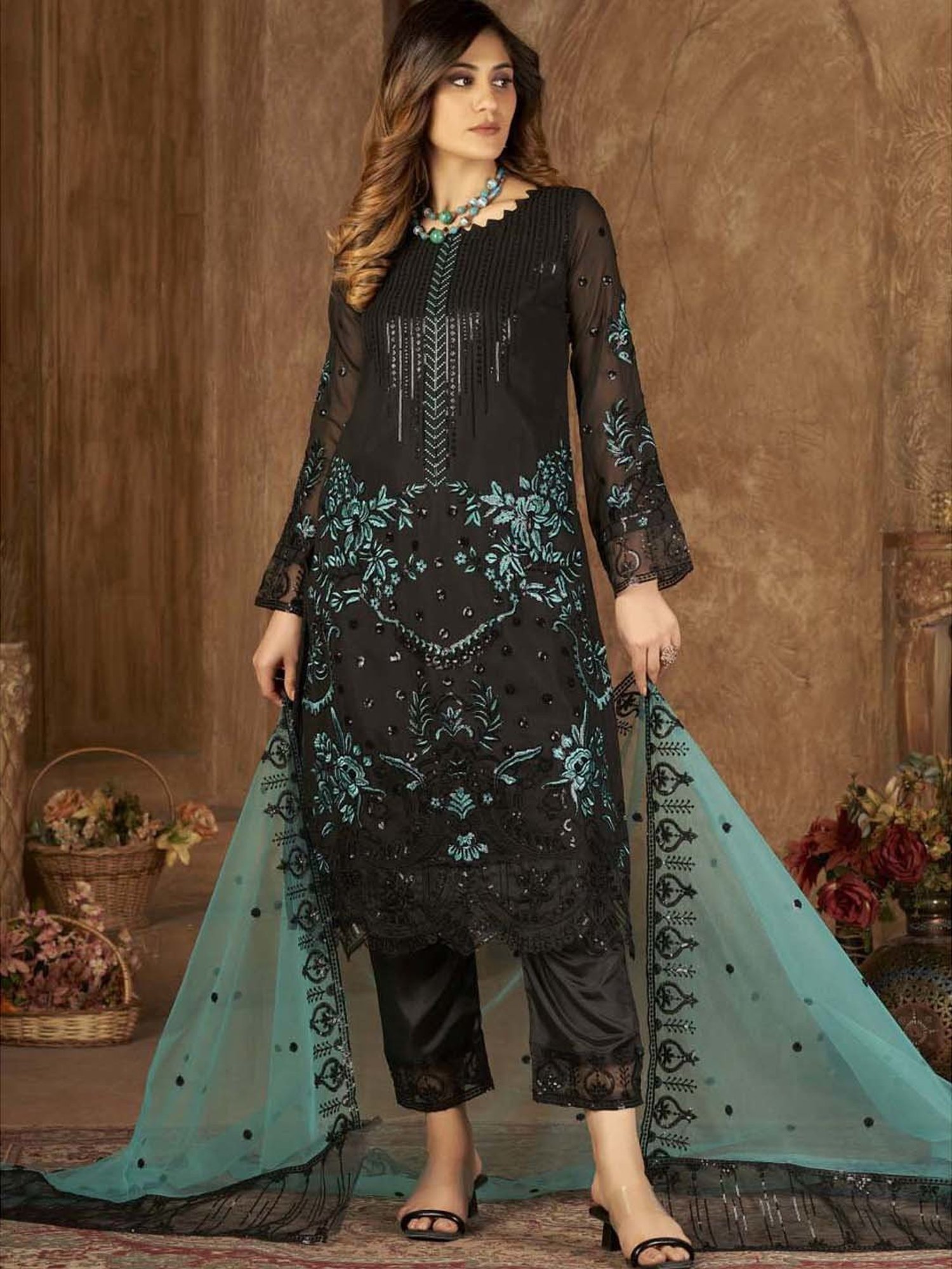 Warthy Ent Blue Embroidered Semi Stitched Dress Material