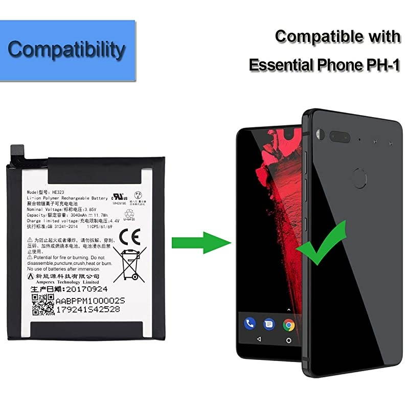 Replacement Battery HE323 Compatible with Essential Phone PH1 A11 3040MAH with Tools