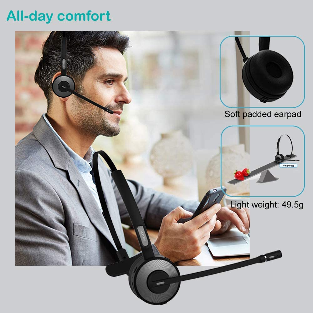 Bluetooth Headset,Wireless Headset with Microphone (Noise Cancelling Mic) Charging Base Mute Button 19H Clear Talk Time Pro for Truck Driver Office Business Call Center Home Smartphones PC