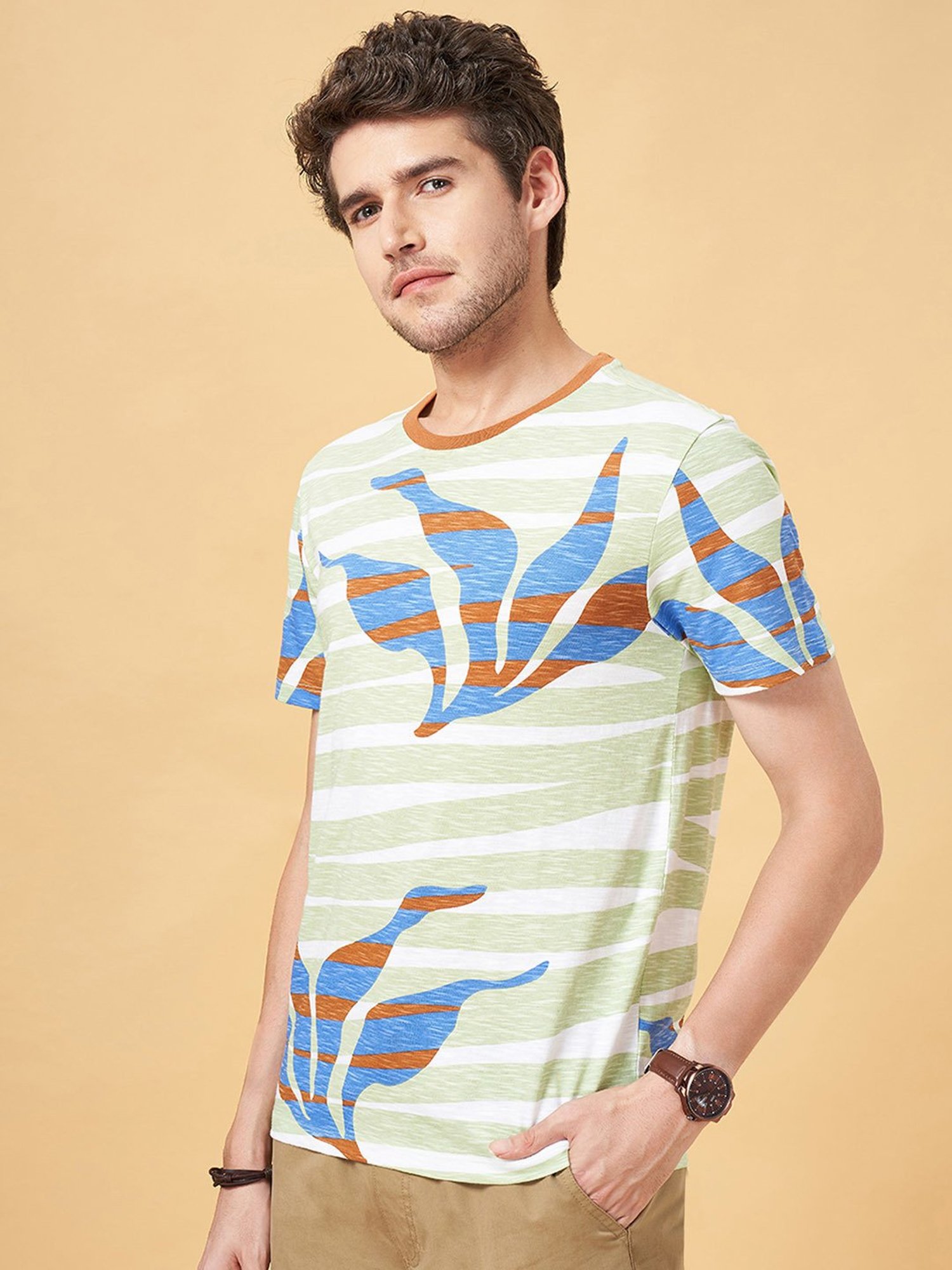 Urban Ranger by Pantaloons Sea Green Slim Fit Printed Crew T-Shirt