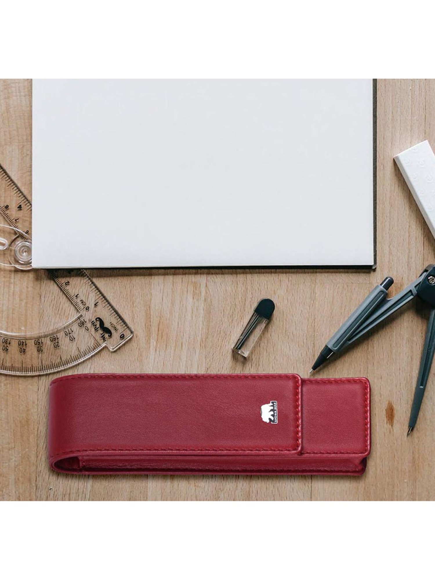 Brown Bear Red Casual Leather Pencil Pouch for Unisex