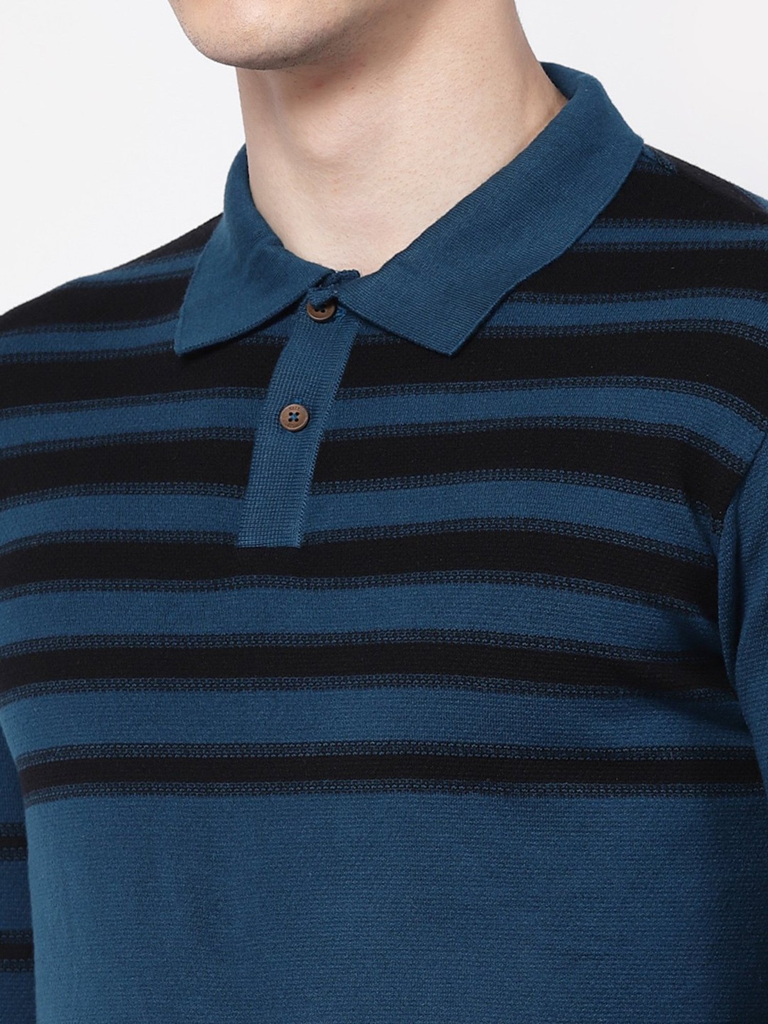 Kalt Teal & Black Regular Fit Striped Polo T-Shirt