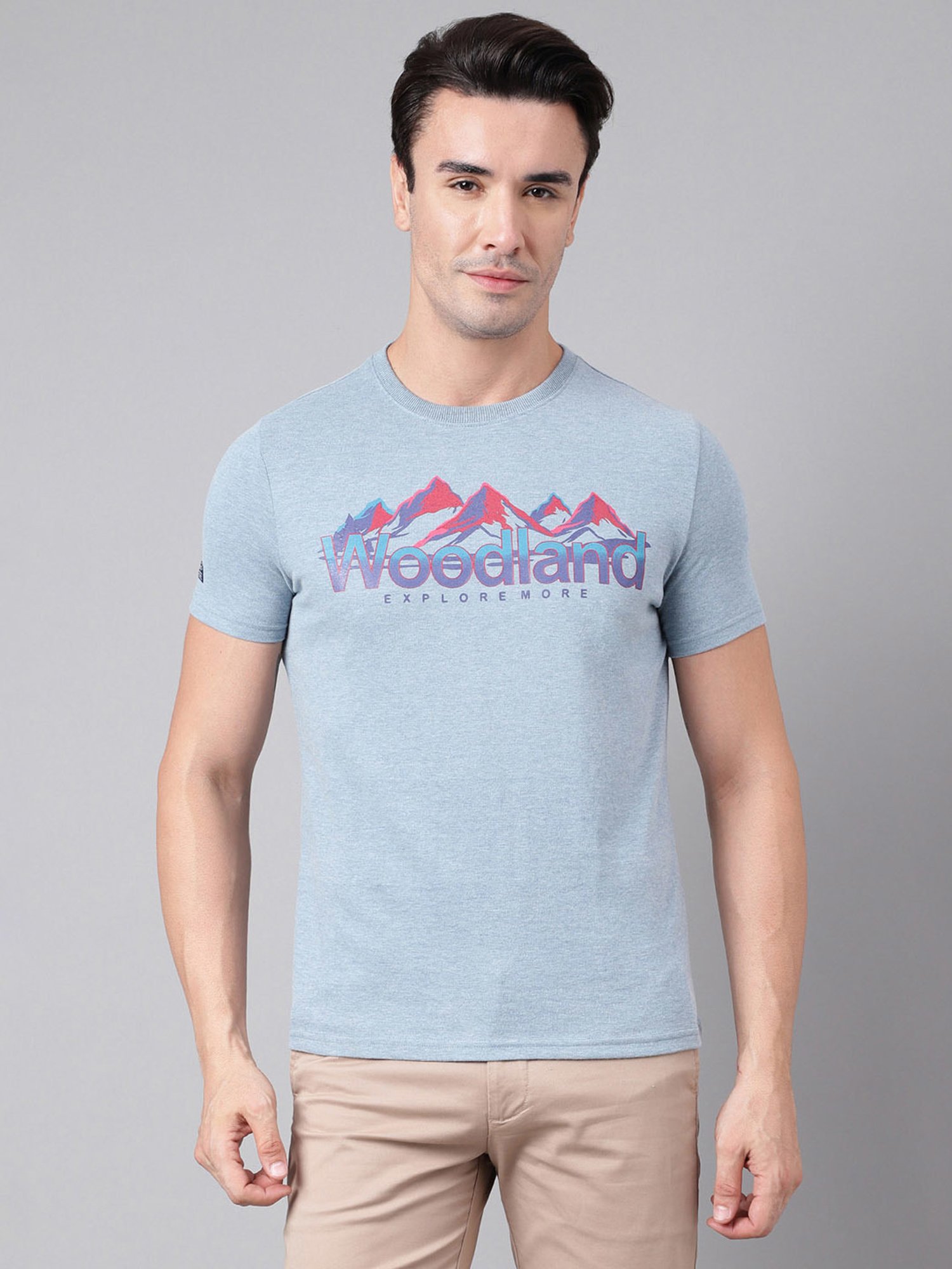 Woodland Blue Melange Regular Fit Printed Crew T-Shirt