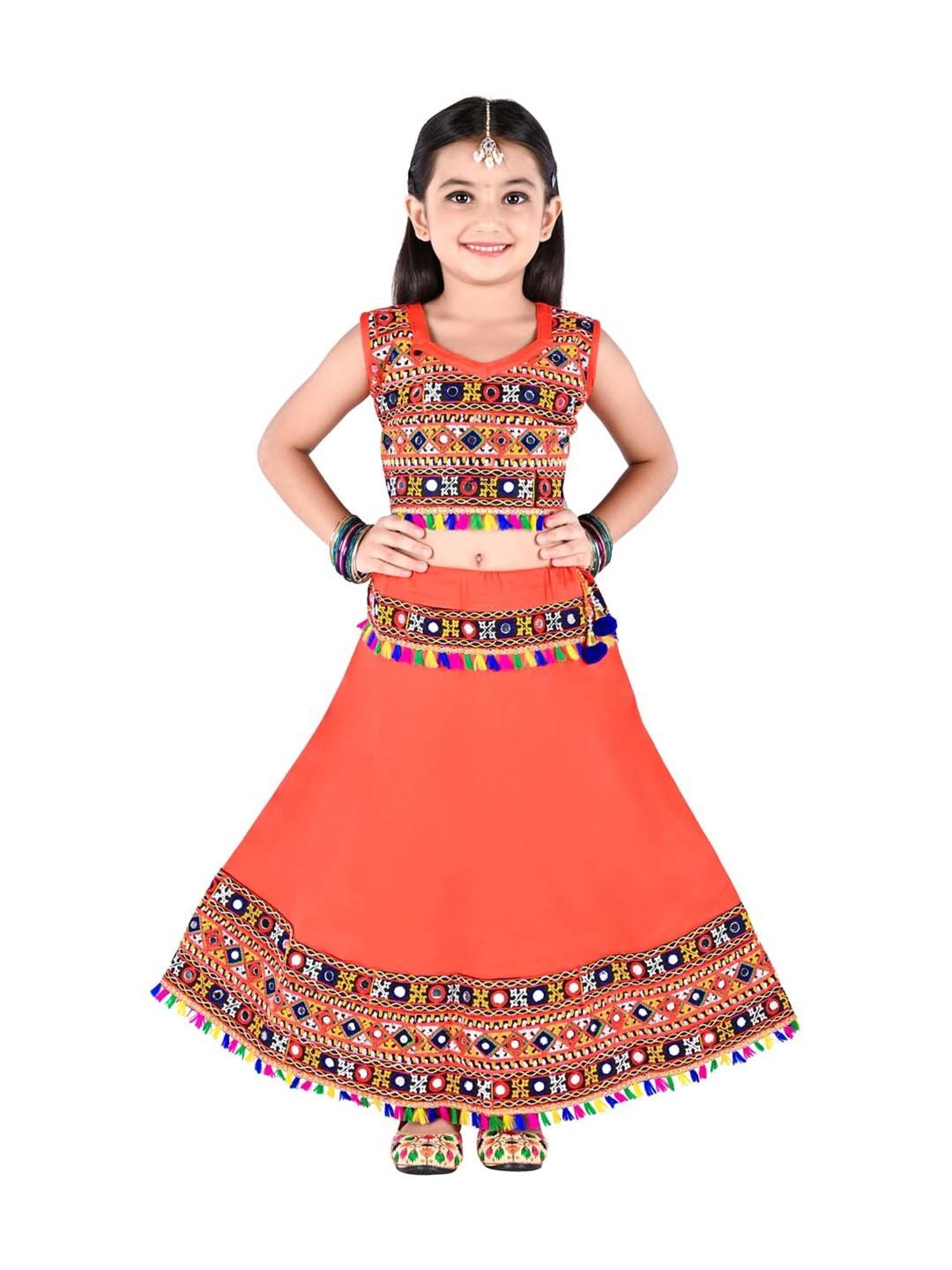 Ahhaaaa Kids Orange & Blue Cotton Embroidered Lehenga Cholis