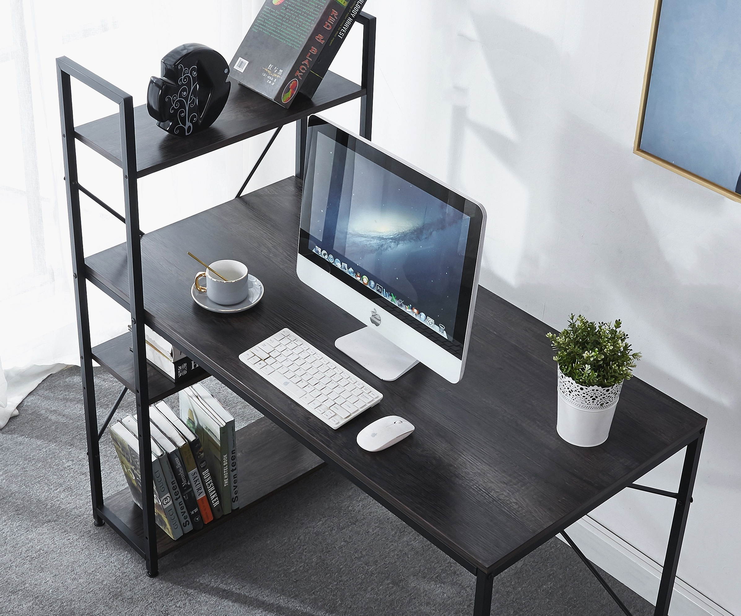 Computer Desk 47 inch with Storage Shelves Study Writing Table for Home Office,Modern Simple Style, Black