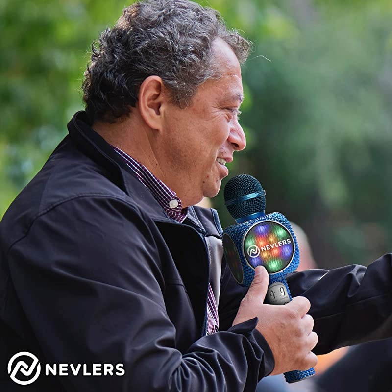 Karaoke Microphone with Wireless Bluetooth Speaker, Voice Changer and Colorful LED Lights, Easy to Use Portable Karaoke Machine for Kids and Adults - Blue Bling