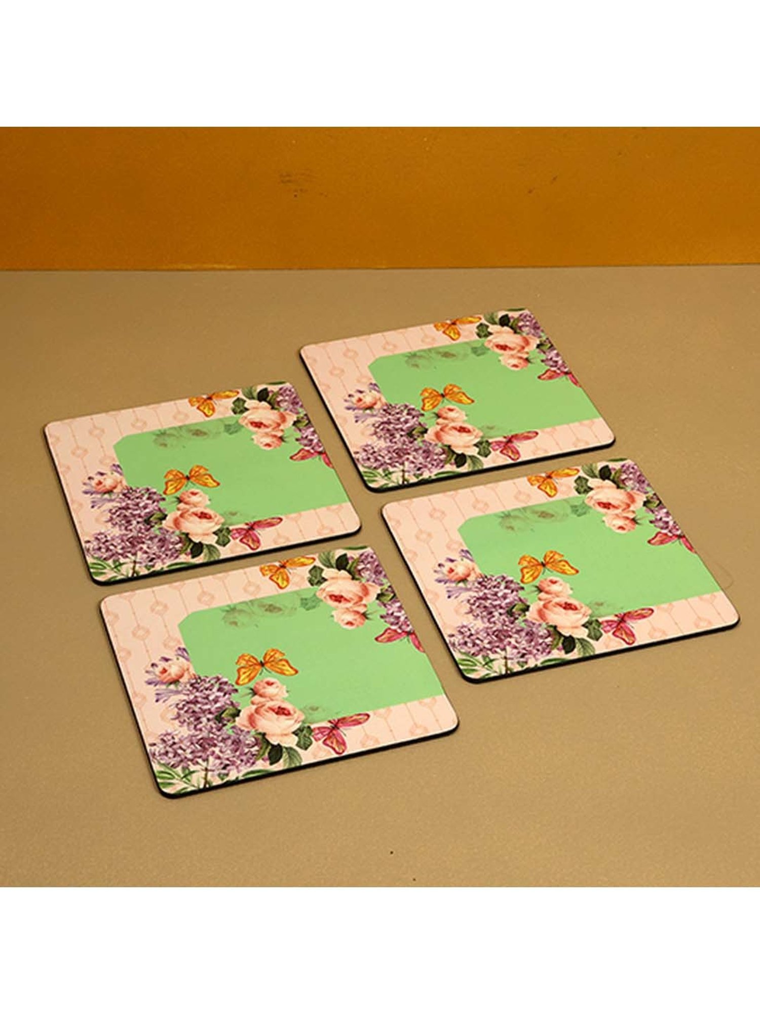 ICRAFT Groovy Mint Series Green & Beige Mdf Trivet - Set of 4