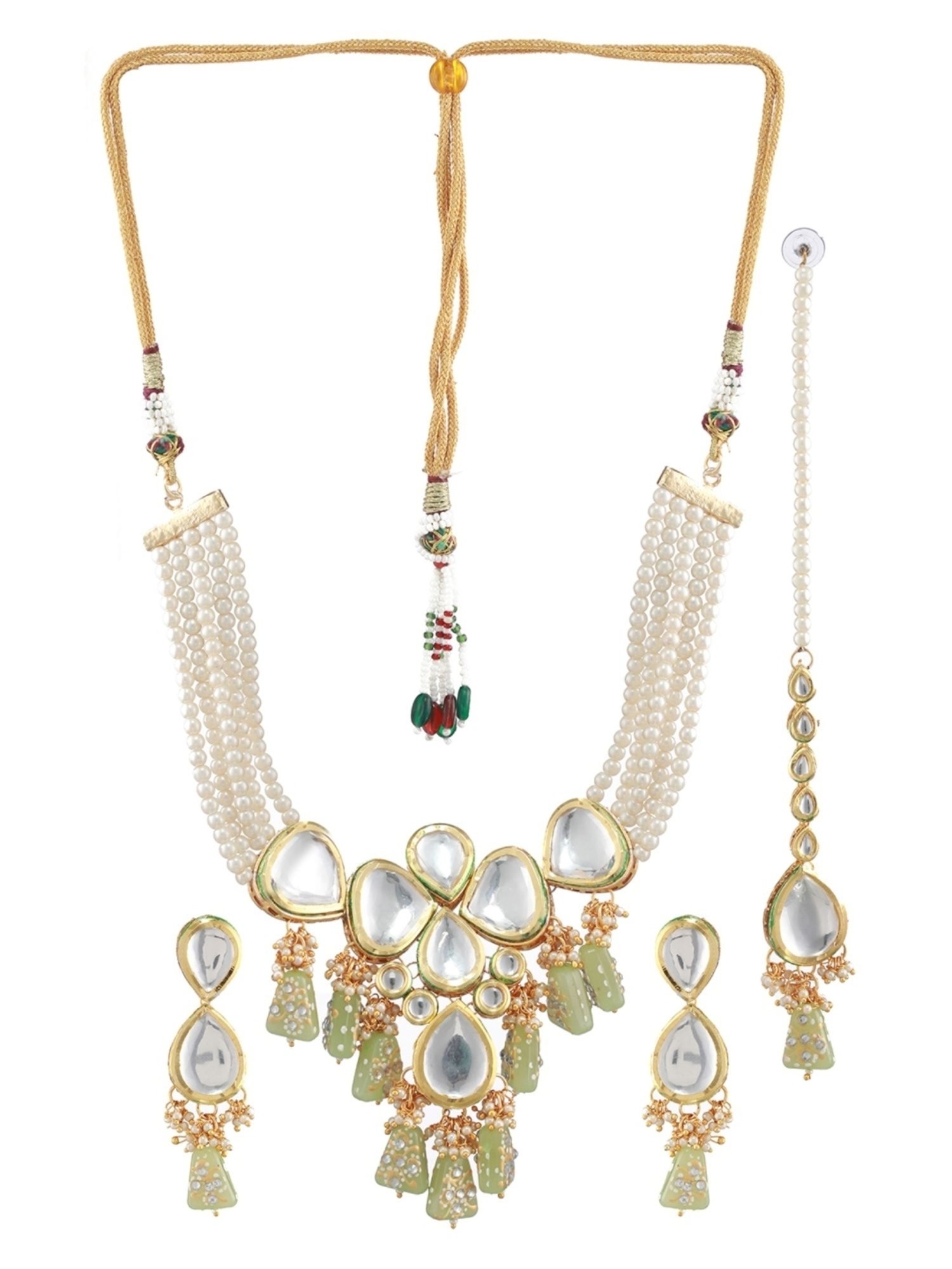 Aatmana Gold-Plated White & Green Choker Necklace Set with Maang Tikka