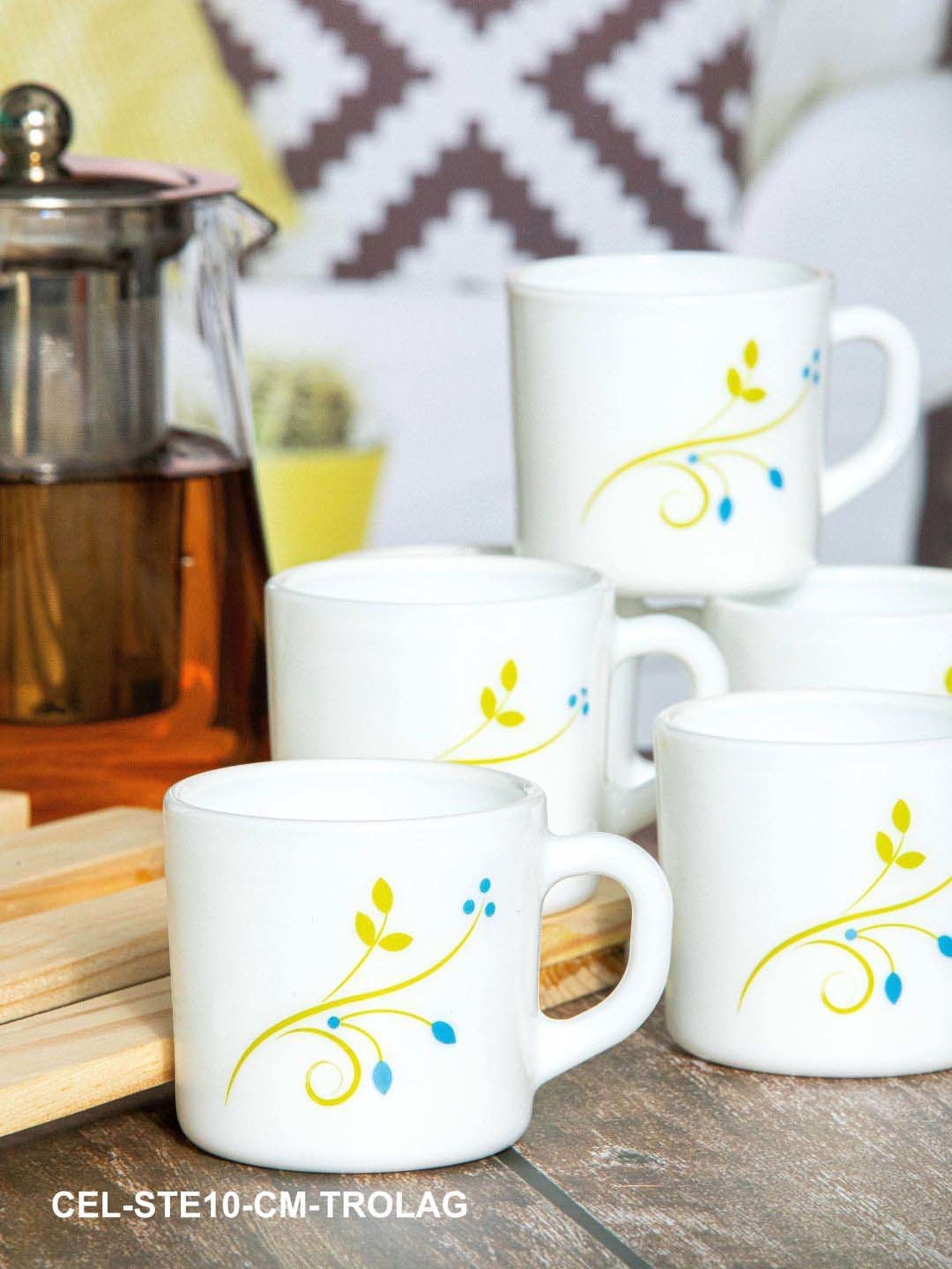 Cello White & Yellow Glass Coffee Mug (0.1 L) - Set of 6
