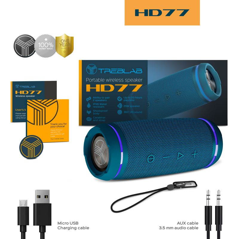 TREBLAB HD77 Premium Bluetooth Speaker TWS - Loud HD Surround Sound, Wireless Dual Pairing, 25W Powerful Bass, 20H Battery, Best for Outdoor Sports - True Stereo IPX6 Waterproof Cordless
