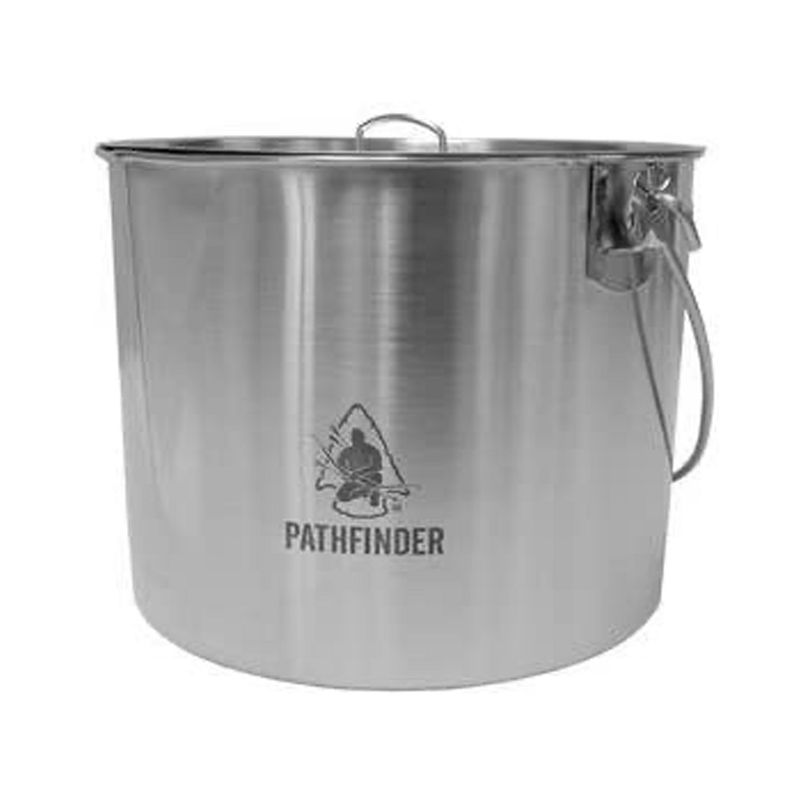Pathfinder Stainless Steel 120 Ounce Durable Fire Ready Bush Pot and Lid w/ Cool Wing Handle, Pour Spout, and Heavy Duty D Ring for Camping and Hiking