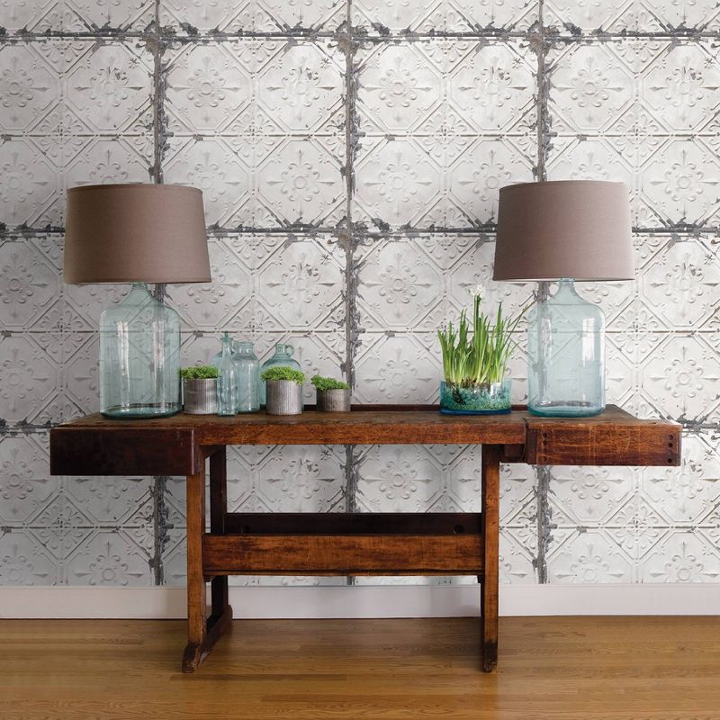 NuWallpaper Vintage Tin Tile Peel & Stick Wallpaper Gray