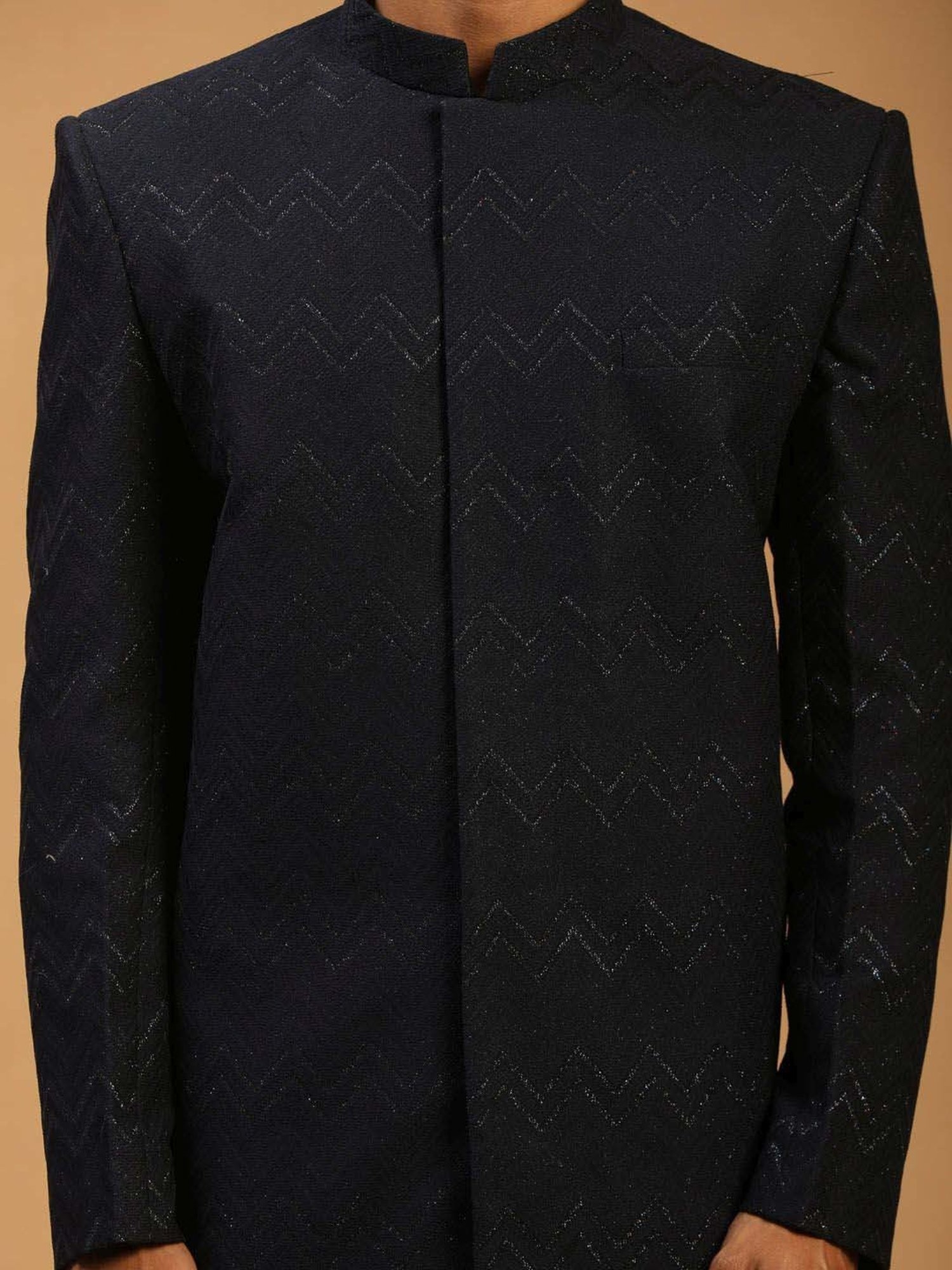 Vastramay Navy Regular Fit Embellished Sherwani Jacket