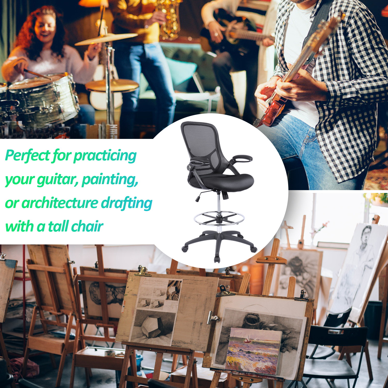 High-Back Mesh Ergonomic Drafting Chair Tall Office Chair Standing Desk Stool with Adjustable Foot Ring and Flip-Up Arms (Black)